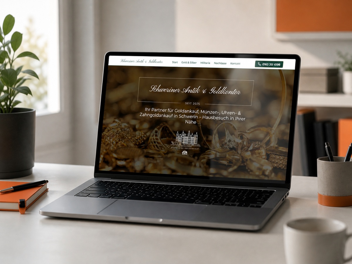 Website eines Antik- und Goldankaufs aus Schwerin auf einem Laptop