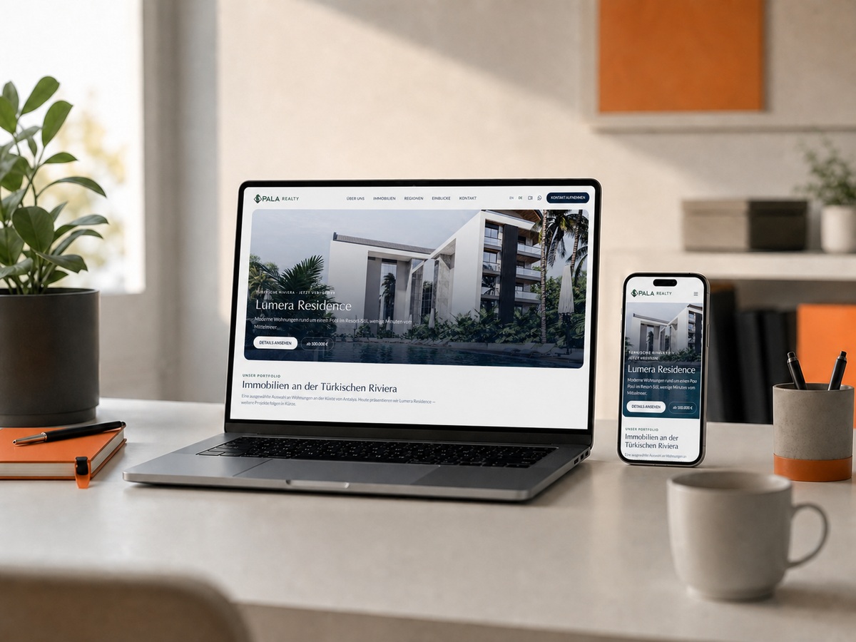 Vermarktungs-Website f&uuml;r hochwertige Immobilien auf einem Laptop